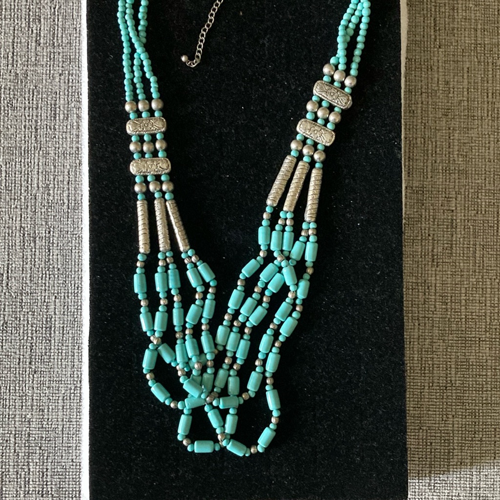 Boho Style Silver Tone And Turquoise Glass Beaded Multi Strand Necklace 18$